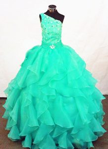 Turquoise One Shoulder Organza Beaded Little Girls Pageant Dress with Ruffles