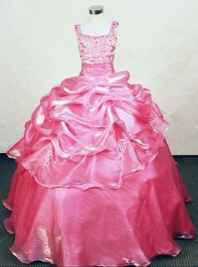 Rose Pink Straps Ball Gown Organza Beaded Girls Pageant Dress with Pick-ups