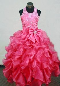 Square Straps Hot Pink Beaded Little Girls Pageant Dress with Ruffles and Bow