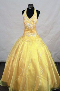 Yellow Halter Princess Organza Little Girls Pageant Dress with Appliques on Sale