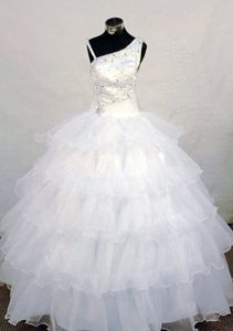 Asymmetrical Shoulder White Little Girls Pageant Dress with Layers and Beading
