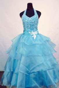 Halter Baby Blue Princess Organza Layered Girls Pageant Dress with Appliques