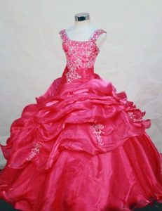 Straps Ball Gown Coral Red Appliqued Little Girls Pageant Dresses with Pick-ups