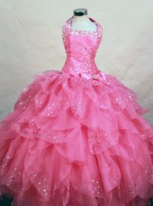 Halter Rose Pink Ball Gown Little Girls Pageant Dresses with Beading and Ruffles