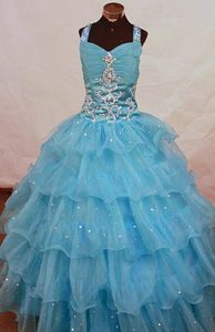 Aqua Blue Straps Princess Ruched Ruffled Baby Girl Pageant Dress with Beading