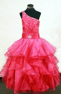 One Shoulder Princess Hot Pink Beaded Organza Girl Pageant Dress with Ruffles