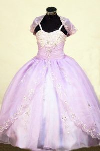 Spaghetti Straps Lilac Organza Beaded Girls Beauty Pageant Dresses with Jacket