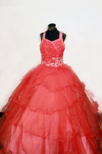 Straps Ball Gown Red Pageant Dresses for Toddlers with Appliques and Layers