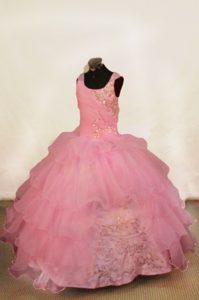 Pretty Square Straps Rose Pink Ruffled Toddler Pageant Dresses with Appliques