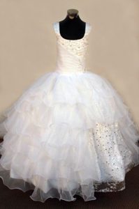 White Square Straps Ball Gown Organza Ruffled Beaded Little Girl Pageant Dress