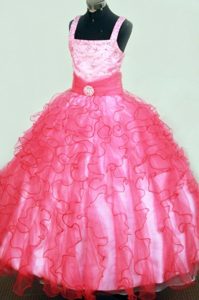 Cute Pink Ball Gown Square Straps Beaded Little Girl Pageant Dress with Ruffles