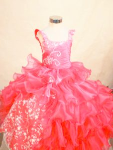 Straps Ball Gown Hot Pink Organza Girl Pageant Dress with Beading and Ruffles