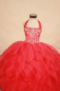 Red Halter Ball Gown Organza Little Girl Pageant Dress with Ruffles and Beading