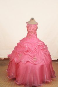 Straps Ball Gown Rose Pink Organza Appliqued Girl Pageant Dress with Pick-ups