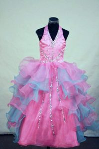 Halter Princess Multi-colored Little Girl Pageant Dress with Beading and Ruffles