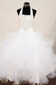 White Halter Ball Gown Organza Little Girl Pageant Dress with Ruffles and Beading