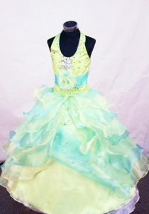 Halter Ball Gown Blue and Yellow Beaded Little Girl Pageant Dress with Ruffles