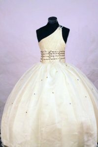 New White One Shoulder Ball Gown Ruched Little Girl Pageant Dress with Beading