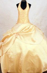 Halter Gold Ball Gown Taffeta Appliqued Little Girl Pageant Dress with Pick-ups