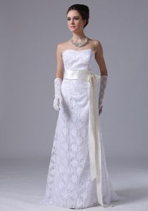 Bright Strapless Lace Column Sheath Wedding Dresses with Sweep Train