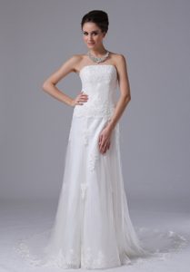 Graceful Strapless Lace Column Tulle Court Train Dress for Brides in Lace