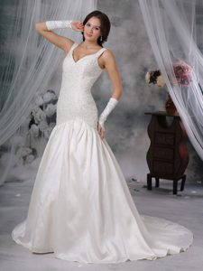 Romantic Straps Court Train Taffeta Beading Wedding Bridal Gown