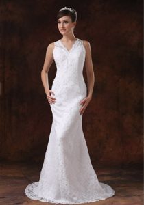 Unique Lace Mermaid V-Neck Wedding Dress with Sweep Train in White
