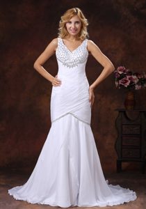 Military V-neck Mermaid Bridal Gowns with Ruched Bodice and Beading