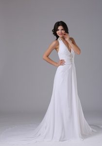 Halter Top Wedding Dress with Ruched Bodice and Beading on Wholesale Price