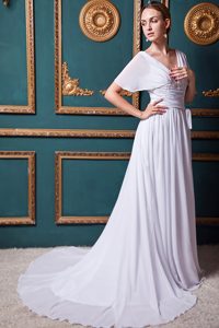 White Empire V-neck Court Train Chiffon Wedding Reception Dress with Appliques