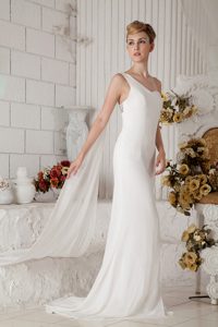 New White One Shoulder Chiffon Beaded Wedding Bridal Dress with