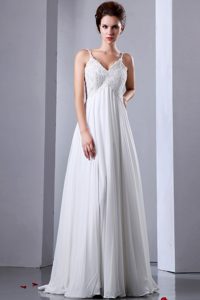 White Empire Appliqued Beaded Wedding Reception Dress with Spaghetti Straps