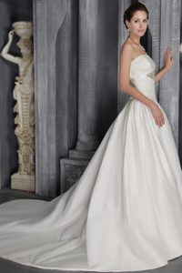 White Column Strapless Taffeta Lace Wedding Dresses with Court Train for Cheap