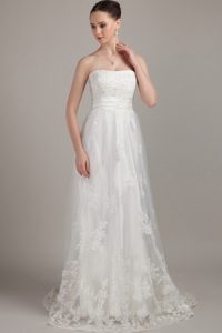 New White Column Strapless Brush Lace Wedding Gown Dresses with Appliques