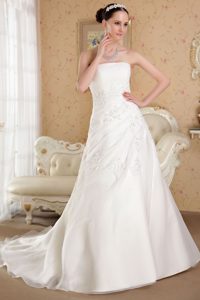 White Strapless Organza Beaded Wedding Dress with Court Train on Sale