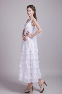 White Empire One Shoulder Ankle-length Chiffon Ruffled Wedding Bridal Dresses
