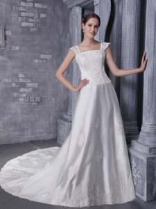 Square Neck Chapel Train Satin Beaded and Appliqued Wedding Dresses