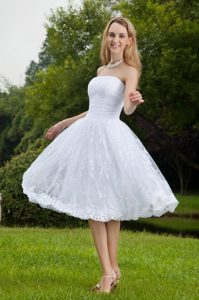 White Strapless Knee-length Chiffon and Lace Ruched Dresses for Brides