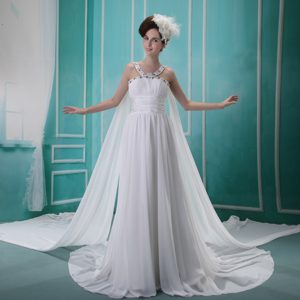 Beaded and Ruched White Chiffon Wedding Dress with Watteau Train