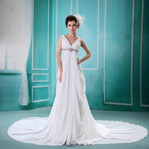 Beading and Ruching Decorated V-neck White Chiffon Wedding Dress for Cheap