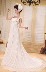 Modern Beaded Straps Chiffon Wedding Dress with Court Train on Wholesale Price