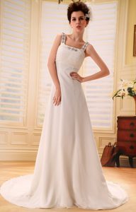 Pretty Beaded Square Chiffon Wedding Dress with Court Train for Custom Made