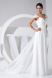 Beaded Cap Sleeves Sweetheart Long Wedding Dresses in White for Custom Made