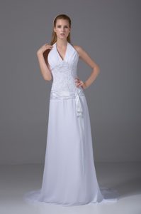 Column Halter Top Ruched and Appliqued Wedding Dress with Chiffon for Cheap