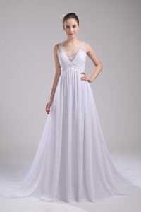 Empire V-neck Chiffon Wedding Dress with Ruching and Appliques on Promotion