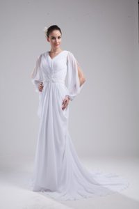 Beautiful Empire V-neck Short Sleeves Ruched Chiffon Bridal Dresses for Cheap