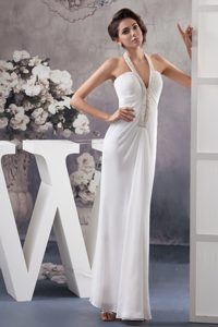 Halter Top V-neck White Chiffon Wedding Dresses with Beading and Ankle-length