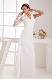 V-neck Chiffon Bridal Wedding Dresses with Beaded One Long Sleeve for Cheap