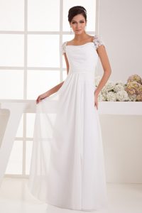 Lace Beaded Cap Sleeves Square Column Wedding Dress with Ruching for 2013
