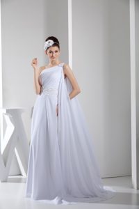 Column Single Shoulder Wedding Dresses with Beaded Sash with Watteau Train